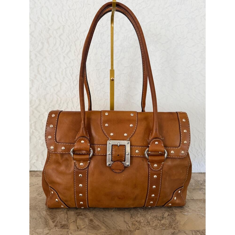 Vintage Michael Kors Astor Studded Leather Satchel Tan Cognac shoulder bag - Picture 2 of 15